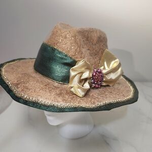 Handcrafted Eco-Art Fedora – Green & Gold Statement Hat (One of a Kind)